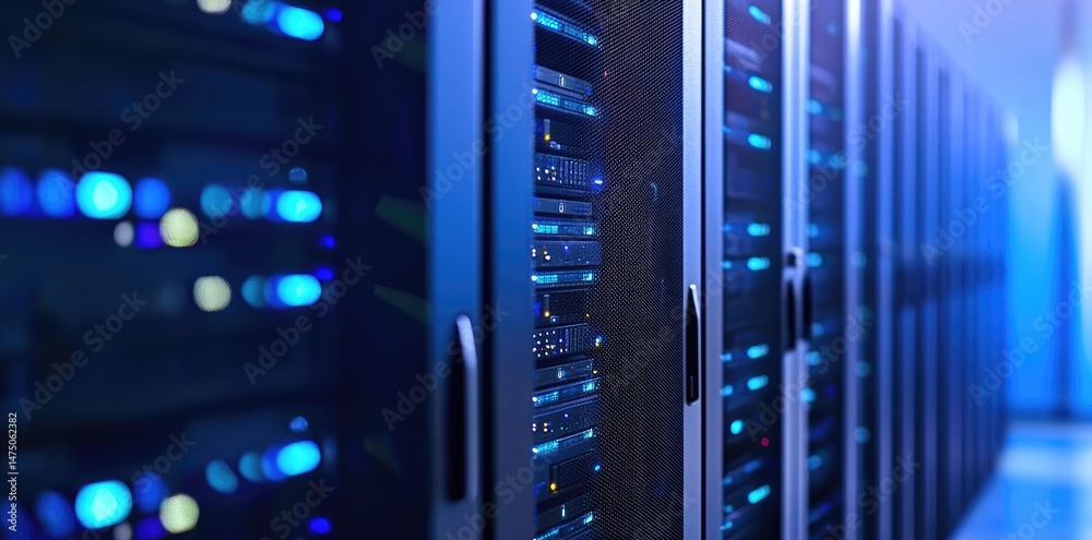 Poster Row of modern server racks with active blue indicators in a data center, ideal for illustrating cloud infrastructure, AI systems, secure networks, and advanced computing.