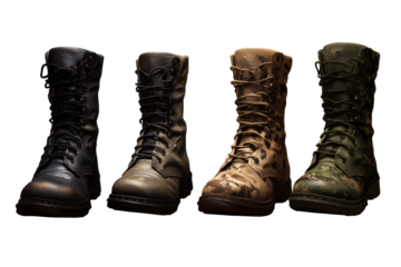 Various styles of military boots arranged on transparent background