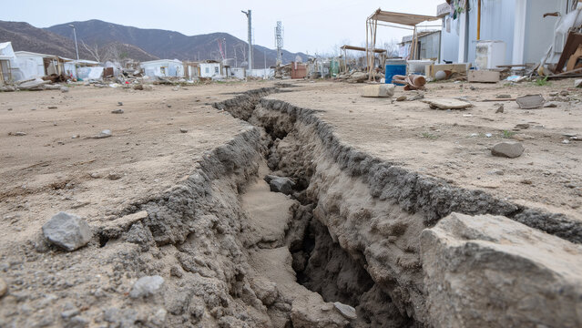 A deep, jagged crack splits the ground after an earthquake, tearing through land and roads. Scattered debris surrounds the fissure under a moody grey sky, evoking destruction and raw natural power.