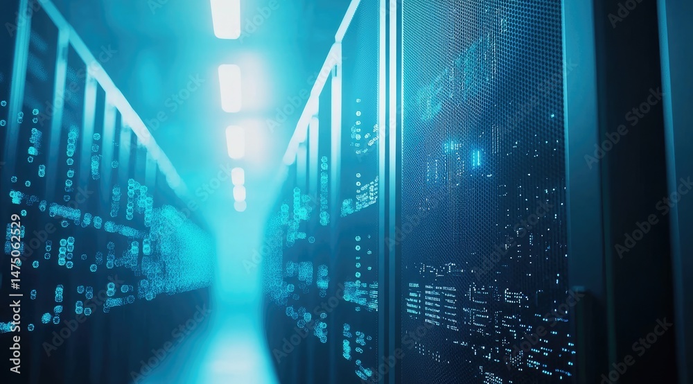 Poster Bright blue-lit corridor of futuristic server racks with data visualization effects, perfect for depicting cloud computing, cybersecurity, AI systems, and advanced network infrastructure.