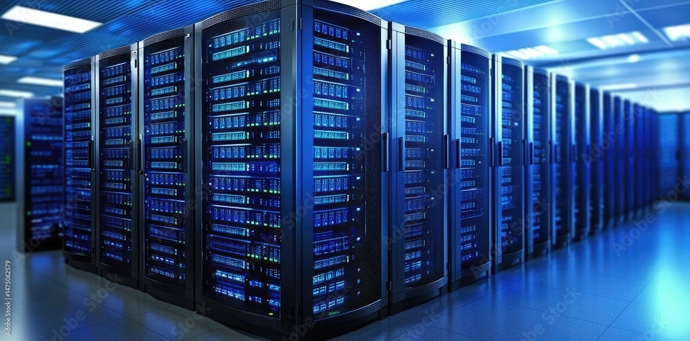 Poster Spacious, high-tech data center filled with rows of illuminated blue server cabinets, ideal for cloud computing, enterprise storage, cybersecurity, and advanced AI infrastructure themes.