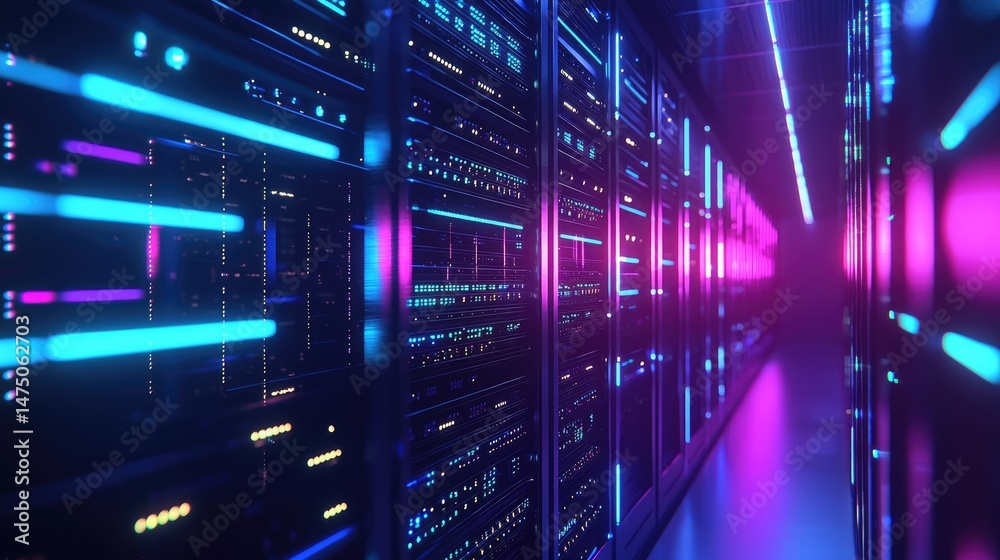 Poster illuminated server corridor with glowing blue and magenta panels, perfect for ai, cloud computing, c