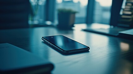 Modern smartphone on a wooden office desk. Soft focus on a contemporary mobile phone placed on a polished wooden surface.  Books and documents are subtly visible in the background