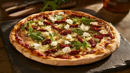 A delicious pesto pizza with sun-dried tomatoes, arugula, and feta cheese, served on a stone plate,