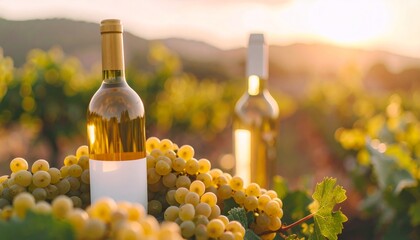 Fototapeta premium White wine bottle standing among ripe white grapes in a vineyard at sunset
