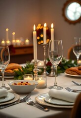 table set for a holiday dinner with candles in the background