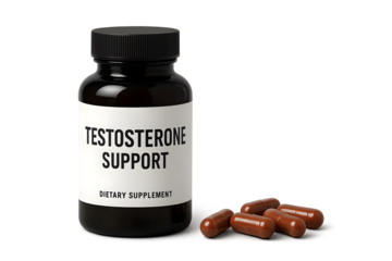 A black bottle labeled Testosterone Support with dietary supplement capsules next to it. Concept Testosterone Support Supplement, Dietary Capsules, Health and Wellness, Hormone Balance