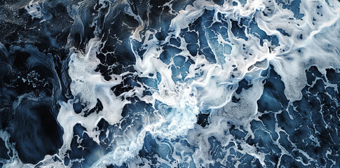 Waves crashing aerially on rocks, blue water with foam, powerful coastal scene design.