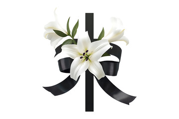 Funeral concept with white lily cross and black ribb isolated on transparent background 
