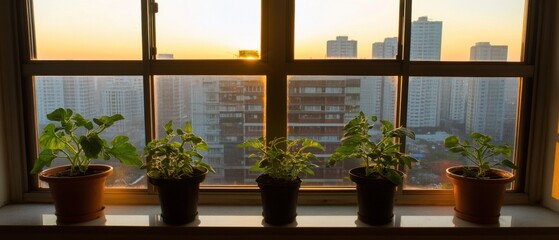 Fototapeta premium Potted Plants on Windowsill at Sunset with City View, Warm Light, Interior Shot, Home Garden, Urban Gardening, Indoor Plants, Bright and Airy