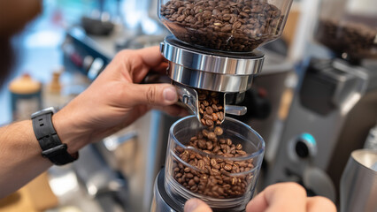 A barista pours coffee beans into a grinder, adjusting the grind size. Beans fall into the hopper as a puff of aromatic dust rises, capturing a warm, sensory coffee-making moment.