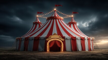 Classic Circus Tent Under a Dramatic Sky Red and White Stripes Golden Entrance