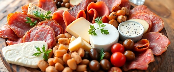 Fototapeta premium platter of meats and cheeses on a wooden table