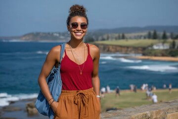 Fototapeta premium Young woman enjoying a sunny day by the ocean at a coastal lookout in Australia