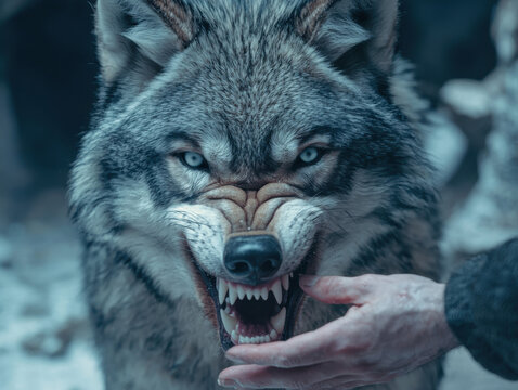 Closeup snarling frost wolf in cave, human hand calming wild animal, intense emotion, winter, danger, trust, animal behavior - Powered by Adobe