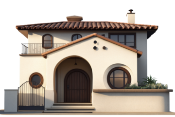 Charming mediterranean style house illustration with detailed architectural features and inviting front facade isolated