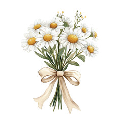 Fototapeta premium Cute cartoon watercolor A bouquet of daisies tied with bowtie