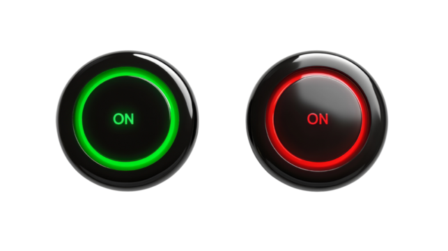Illuminated power buttons with green and red indicators against isolated transparent background