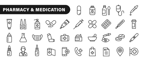 Pharmacy & medication - line icon set with editable stroke. Medical icons. Medicines, medical supplies... Simple design - outline collection of healthcare symbols. Vector illustration.
