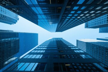 Fototapeta premium Dramatic low angle view of modern skyscrapers reaching toward the sky in an urban cityscape