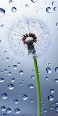 Delicate dandelion seed head amidst raindrops.  Gentle, airy texture of seed fluff, against a backdrop of water droplets on a misty surface.  Tall stem, subtle colors
