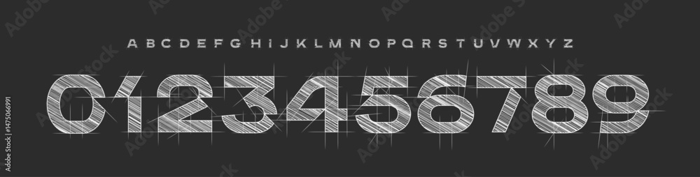 Poster technical sketch number font, blueprint alphabet for architecture posters, engineering design, tech 