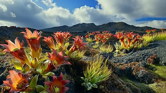 Andean highlands, home of the Chuquiraga paramo flowers against mountain panorama