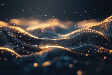 Abstract gold particles flowing in dark waves.  Particles create undulating patterns.  Soft light highlights the gold