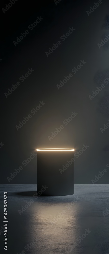 Poster a sleek modern cube shaped form illuminated by a soft glowing light against a dark minimalist backgr