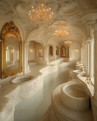 Luxurious, ornate, opulent bathroom with intricate carvings, gold accents, and crystal chandeliers.  A lavish interior design