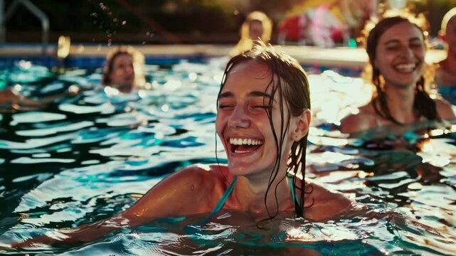 Joyful pool scene at sunset, close-up angle capturing candid laughter and sunlit water, evoking a carefree summer vibe, perfect for a lifestyle video.