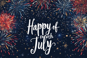 Festive fireworks display with the words Happy of Fourth July written on a dark blue background.  Colorful fireworks burst against the night sky, scattered with glittering stars