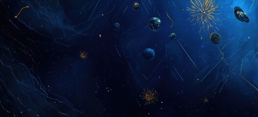 Deep space, swirling cosmic nebula with golden bursts and floating planets.  Abstract digital art