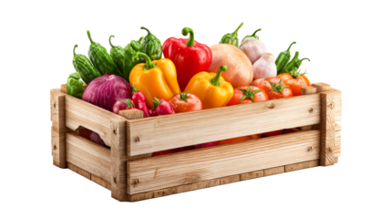 Colorful vegetables gathered in a wooden crate for fresh cooking