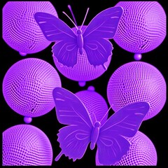 Purple butterfly and spheres on black background.  Geometric, textured shapes and vibrant color create an abstract design