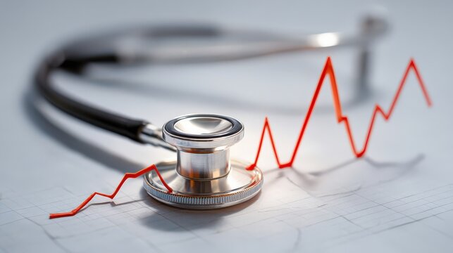 A stethoscope rests on an electrocardiogram with a red line, symbolizing heart health