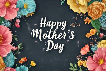 Floral Mother's Day greeting card with colorful flowers.  Text reads Happy Mother's Day in a script font, surrounded by a dark gray chalkboard-style background