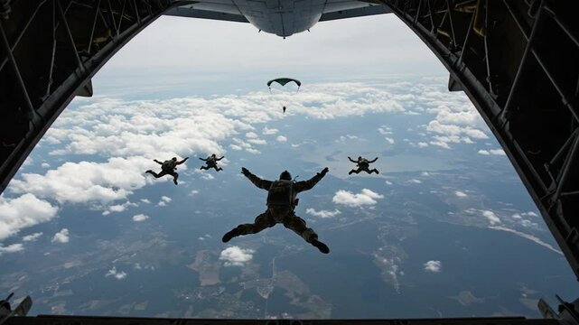 Skydivers leap from an airplane, captured from within, over fluffy clouds