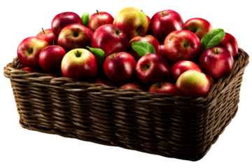 Fresh red apples in a woven basket with green leaves