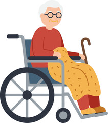 elderly person smiling in wheelchair with blanket  
