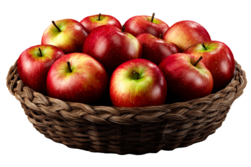 Red apples in a woven basket on a clear background