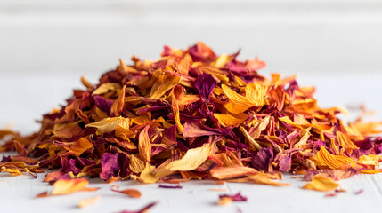 A pile of dried safflower petals in rich orange-red tones, scattered across a white surface, displaying their natural beauty and vibrant hues.