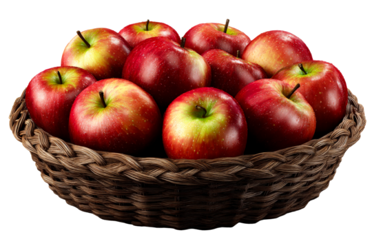 Red apples in a woven basket on a clear background