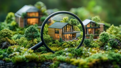 Houses seen through magnifier in tiny forest
