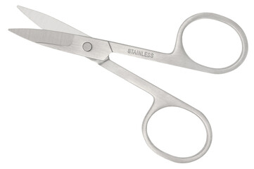 Generic brushed stainless steel manicure scissors, large isolated horizontal macro closeup depressed debossing imprint text on silvery satin body care personal accessory concept white background