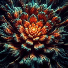 Fototapeta premium Surreal Digital Flower in Teal and Fiery Orange with Interwoven Threads