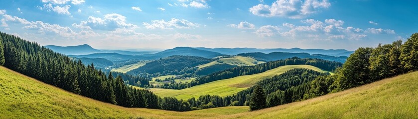 Obraz premium Panoramic View Rolling Green Hills, Lush Forests, Blue Sky, Mountain Landscape, Nature Scenery, Hiking Destination Landscape Photography, Mountain Views