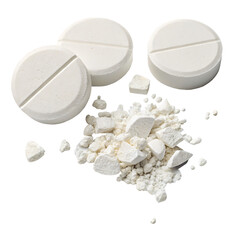 Whole and crushed white tablets, medicine, pharma, png transparent background