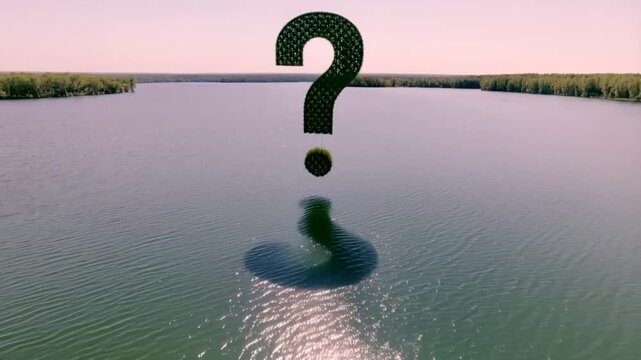 A mysterious question mark symbol hovers above a serene expanse of water, framed by a distant treeline, creating a thought-provoking outdoor image.