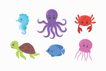 Obraz premium Set of marine animals. turtle, octopus, seahorse